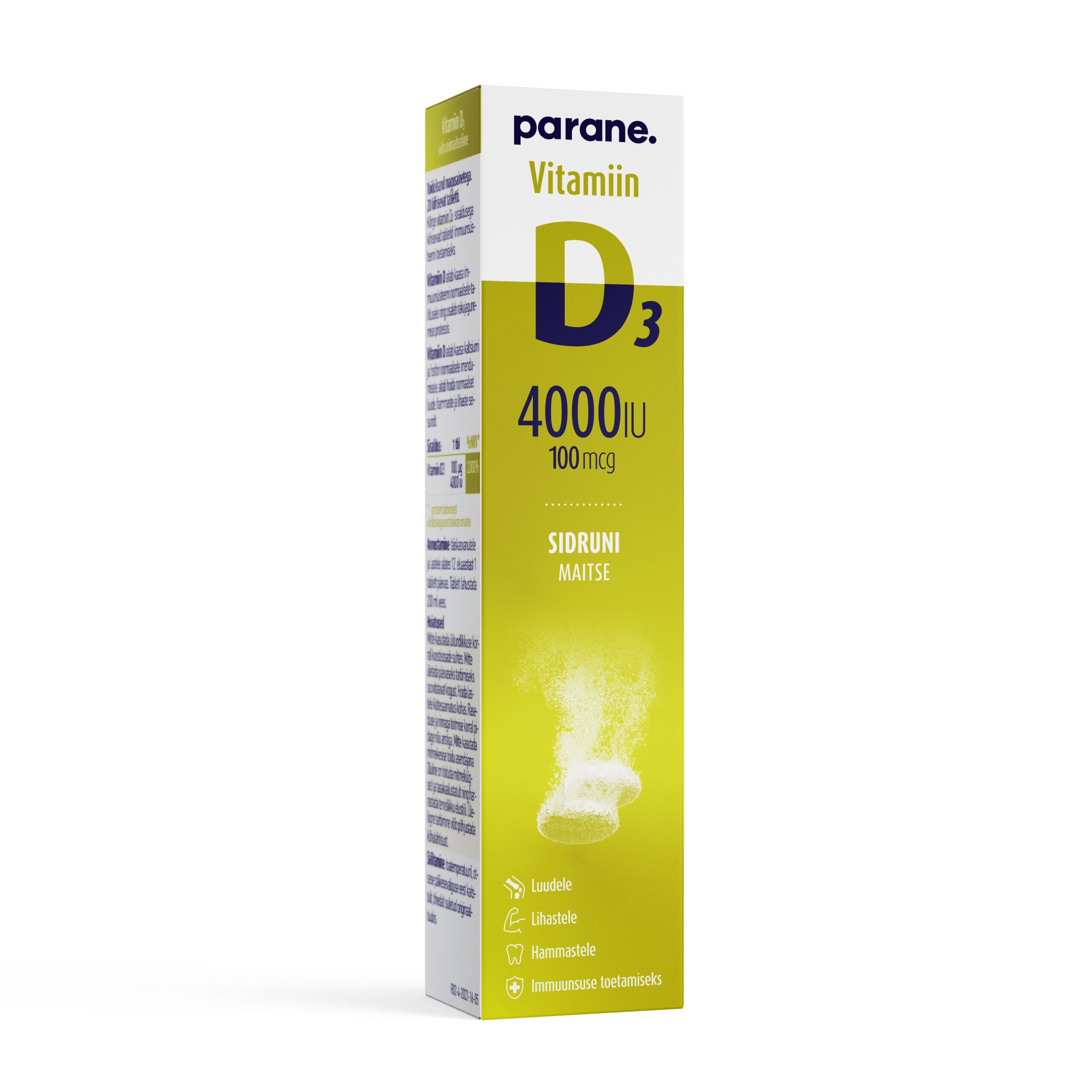 Parene. Vitamiin D3 4000 IU N20 (kihisevat tabl., sidruni maitse)